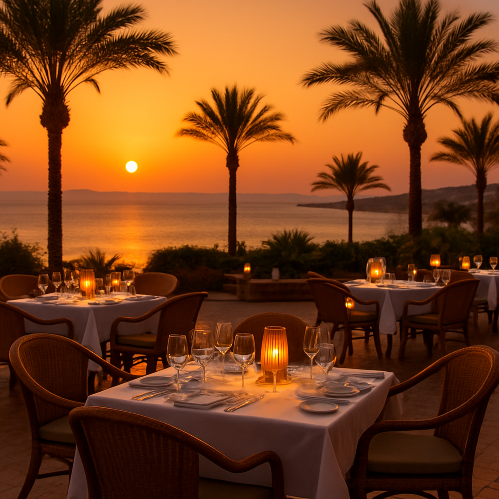 Outdoor restaurant terrace at sunset overlooking the sea