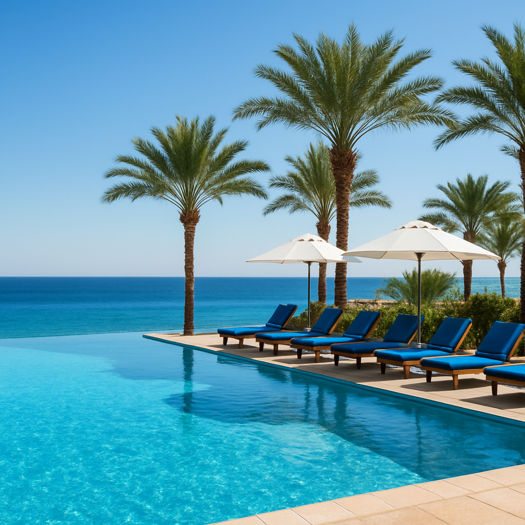 Infinity pool with palm trees and sun loungers