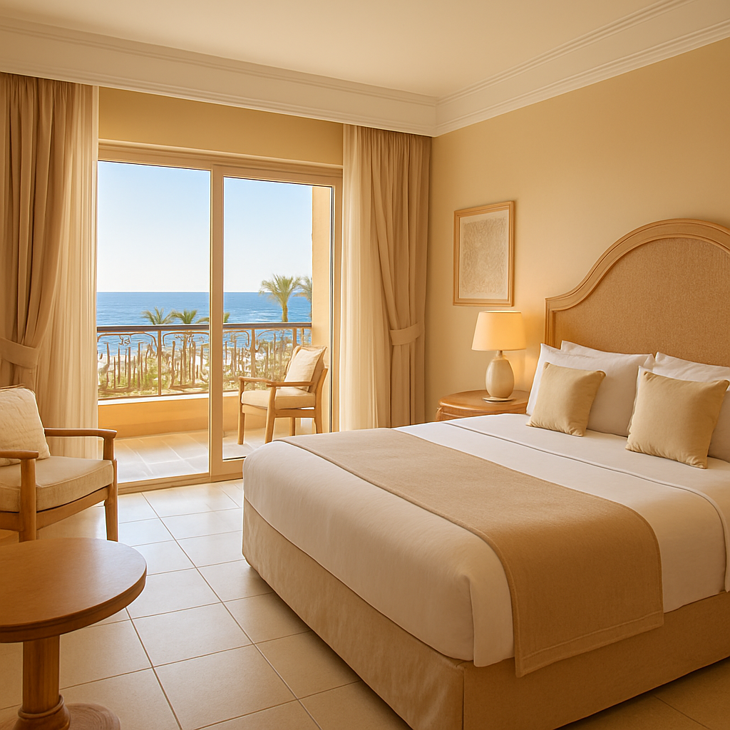 Bright resort room with a sea-view balcony